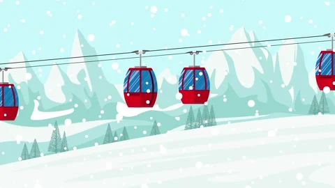 Two red cable cars transporting skiers up a snowy mountain on a winter day .. 库存影片 348132072