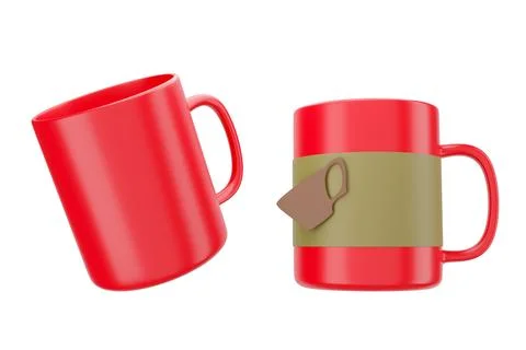 Two red ceramic mugs or coffee cups Espresso Cappuccino Breakfast Drink Iso.. Stock Photos
