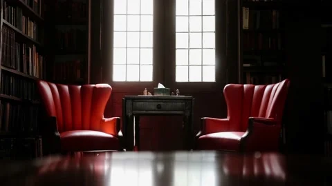 Two Red Chairs in a Dark Library Room with a Sunlit Window 動画素材 195127312