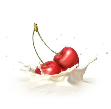 Two red cherries falling into milk splashing. Stock Illustration
