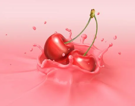 Two red cherries falling into milkshake splashing. Stock Illustration