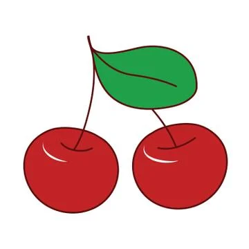 Two red cherries with a green leaf. Vector illustration with stroke. Ripe fru Stock Illustration
