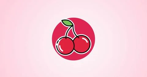 Two red cherries with green leaf are showing against a pink background 스톡 사진