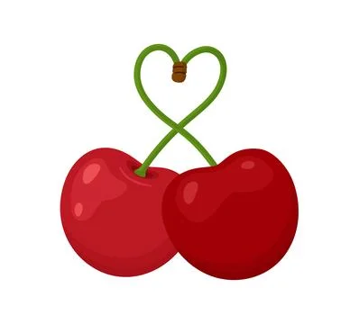 Two red cherries with green stems forming heart shape. Hand drawn flat styl.. Stock Illustration