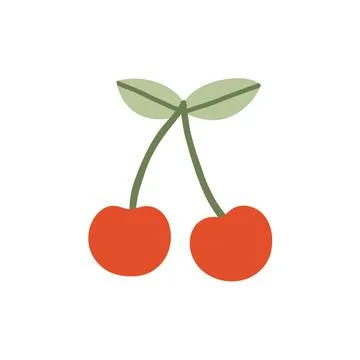 Two red cherries with green stems and leaves vector illustration. Flat sweet Stock Illustration