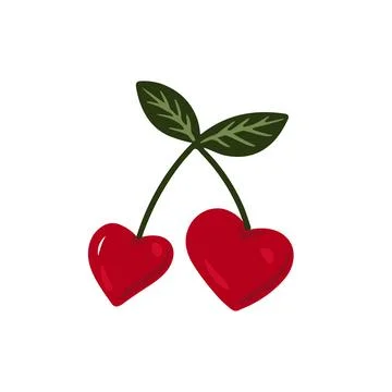 Two red cherries in heart shapes connected by a green stem with leaves, clip art Stock-Illustration