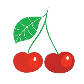 Two red cherries with one green leaf. Flat illustrations vector. Ripe fruit c Illustrazione stock