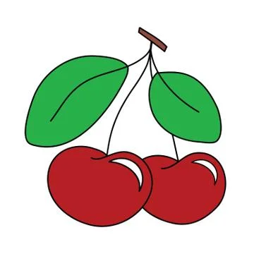 Two red cherries outlined in dark outline hand drawing clip art. Paired cherr Stock Illustration