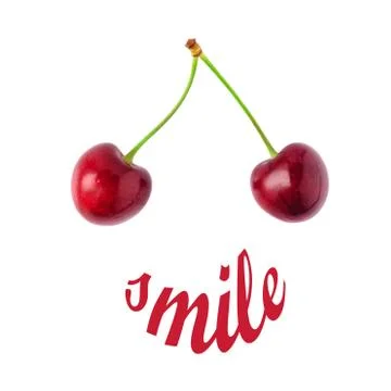 Two red cherries on a white background. Smile concept. Don't worry Be Happy. Stock Photos