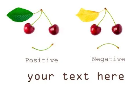 Two red cherries on a white background. Concept of positive and negative. Stock Photos