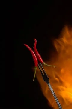 Two red chilli peppers on a fork with a flame behind on a black background Foto stock
