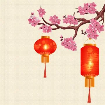 Two red Chinese lanterns and a round cylindrical shape on a branch of cherr.. Stock Illustration