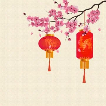 Two red Chinese lanterns on a branch of cherry blossoms with purple flowers.. Illustrazione stock