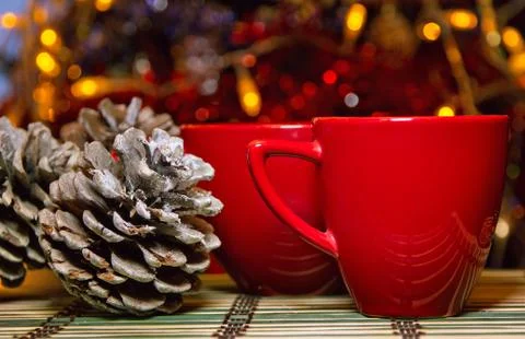 Two red cups on the stode Stock Photos