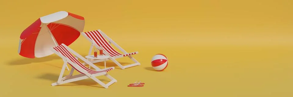 Two red deck chairs and beach umbrella on yellow background. 3d illustration. Stock Illustration