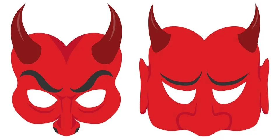 Two red devil and demon halloween masks with horns vector flat illustration Illustrazione stock