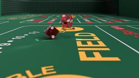 Two red dice fall onto a green table for casino craps game Stock Illustration