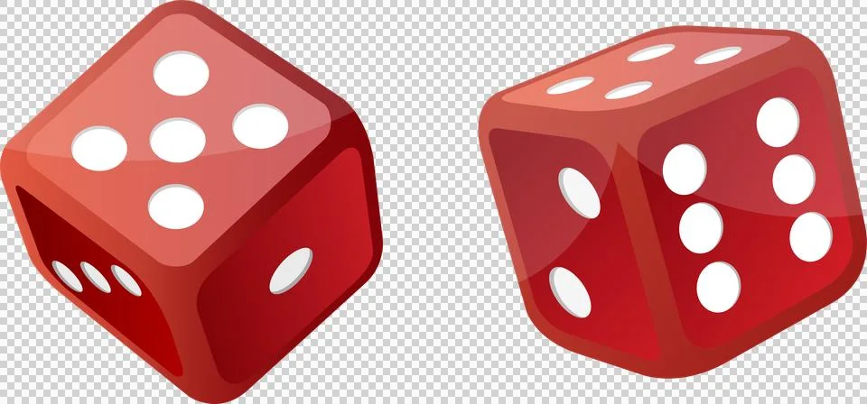 Two red dice showcasing different numbers, set against a stark black backgr.. 스톡 일러스트