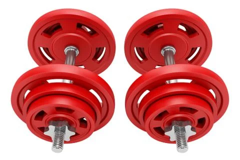 Two red dumbbells isolated on white background. 3d illustration Stock Illustration