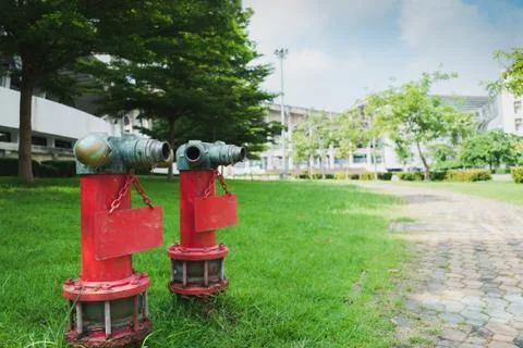 Two red fire hydrants in the lawn Stock Photos