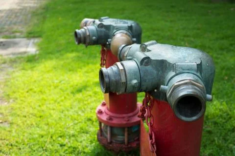Two red fire hydrants in the lawn Stock Photos