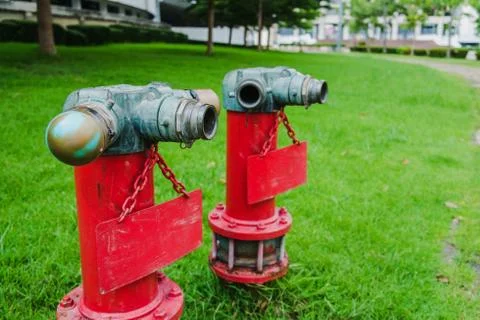 Two red fire hydrants in the lawn Stock Photos