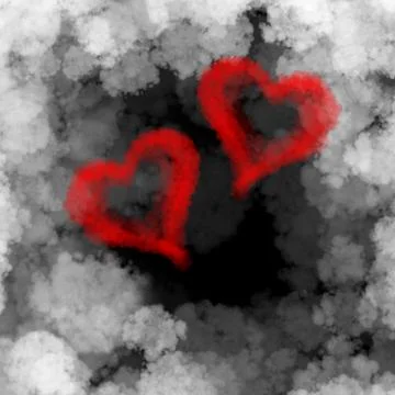 Two red flying hearts made of smoke over cloud background Illustrazione stock
