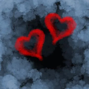 Two red flying hearts made of smoke over cloud background Stock Illustration