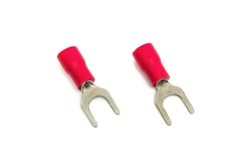 Two Red Fork Terminals Cable Lug on an isolated white background Stock-Fotos