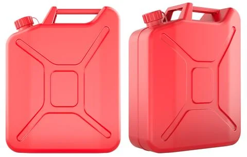 Two red fuel canisters in front and perspective views. 3D rendering Stock Illustration