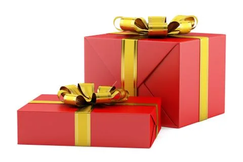 Two red gift boxes with golden ribbons isolated on white background Stock Illustration