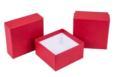 Two red gift boxes, one open and the other closed Stock Photos