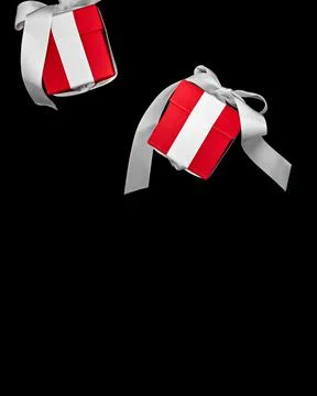 Two red gift boxes with white bows levitate on a black background. Fotos de archivo