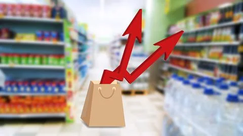 Two red growing up large arrow in shopping bag on blur supermarket background Stock Photos