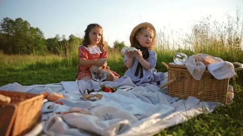 Two red-haired sisters on a picnic Video stock 218299515