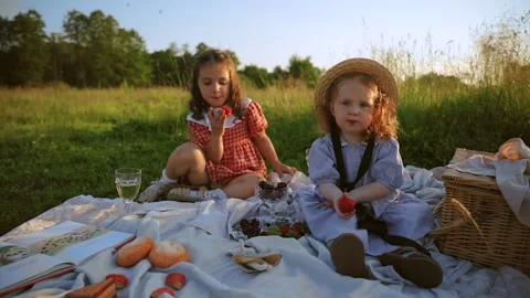 Two red-haired sisters on a picnic Stock Footage 218299592