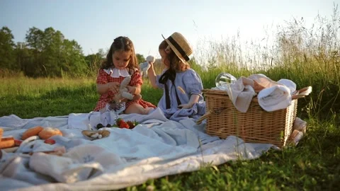 Two red-haired sisters on a picnic Video stock 218299642