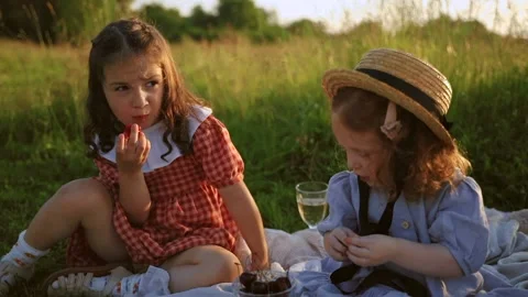 Two red-haired sisters on a picnic Video stock 218300565