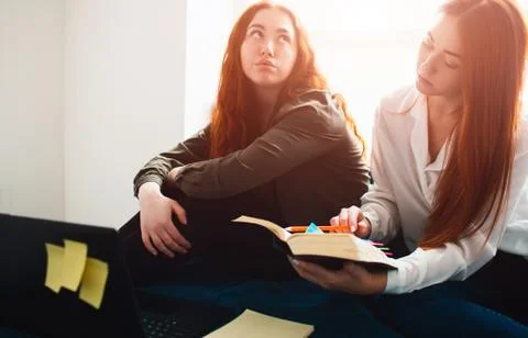 Two red-haired students study at home or in a student dormitory. they are Stock Photos