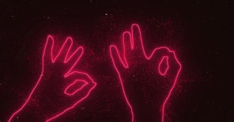 Two red hands show okay sign in space among the stars. Abstraction, 3d render Stock Illustration
