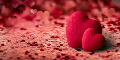 Two red hearts on a background of red confetti blurred background. beautiful Stock Photos