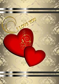 Two red hearts with on beige patterned background Illustrazione stock