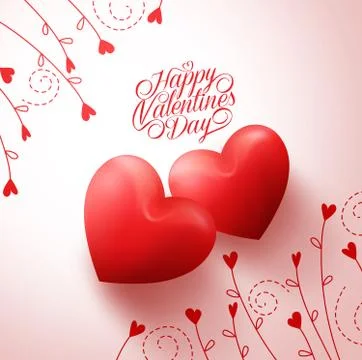 Two Red Hearts for Lovers with Happy Valentines Day Greetings Stock Illustration