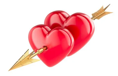 Two Red Hearts pierced together by arrow. 3D rendering Illustrazione stock