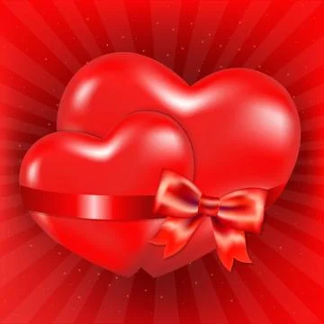 Two red hearts with red bow and sunburst Illustrazione stock