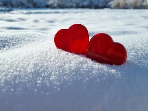 Two red hearts in the snow Stock Photos