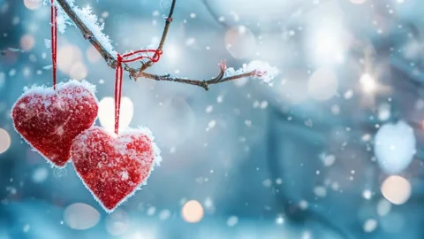 Two red hearts on snowy tree branch in winter. Motion animation of falling snow Stock Footage 280368208