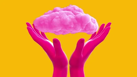 Two red human hands holding pink cloud isolated on yellow background. Stock Footage 181010564
