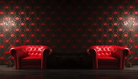 Two red leather armchairs,table  3d render Stock Illustration