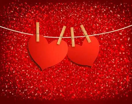 Two red loving hearts hanging on a rope. vector illustration Stock Illustration